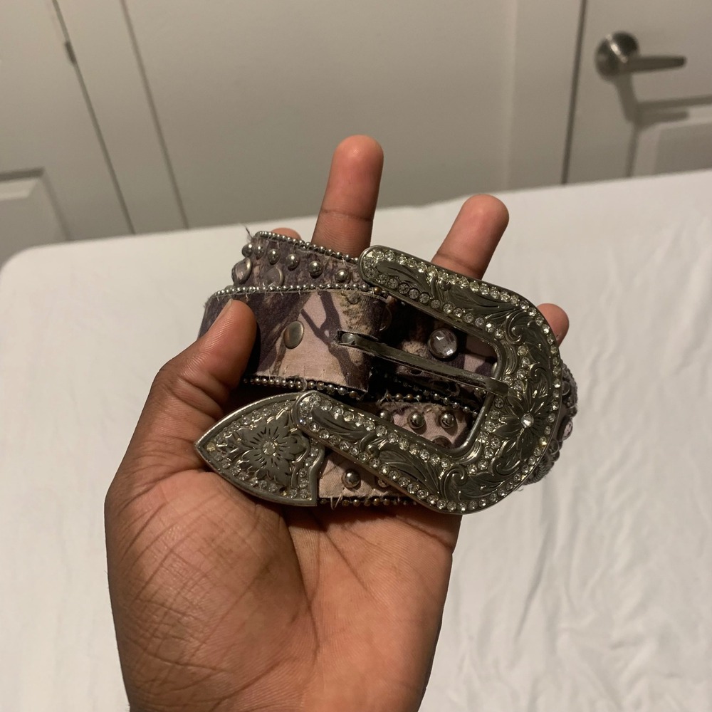 Western Camo Rhinestone Studded Belt Silver Floral Engraved Buckle Y2K Cowgirl